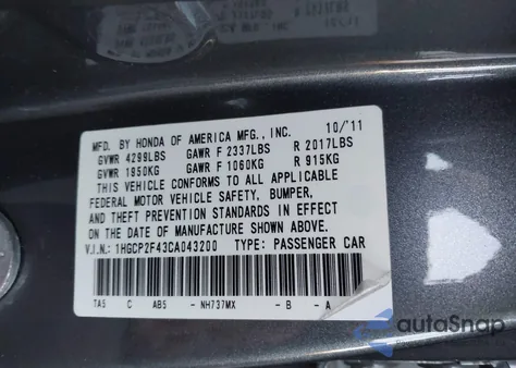 2012 Honda Accord 2.4 Lx-P from USA, damaged, VIN 1HGCP2F43CA043200